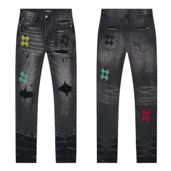 Black Washed Distressed Denim Jeans with Multicolor Star Patches